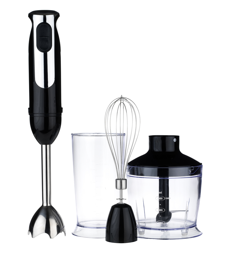 Una batidora desmontada junto a todos sus apliques.