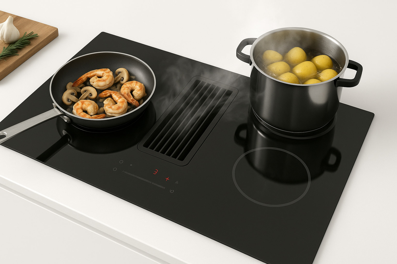 Una cocina con su placa con extractor integrado en funcionamiento.